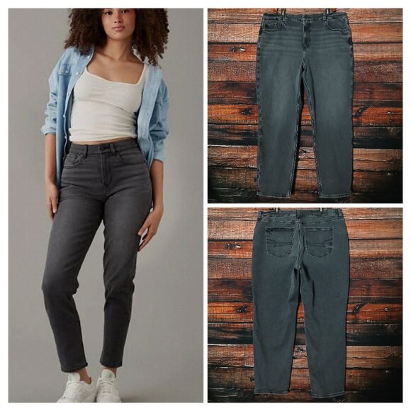 American Eagle Jeans Plus Size 20 Curvy Mom High Rise Ankle Gray Denim Stretch - Picture 1 of 10